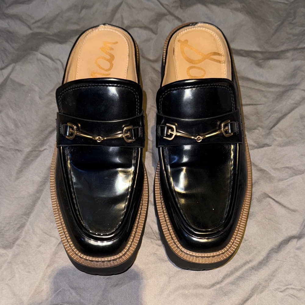 Black Leather Loafers with Gold Accent